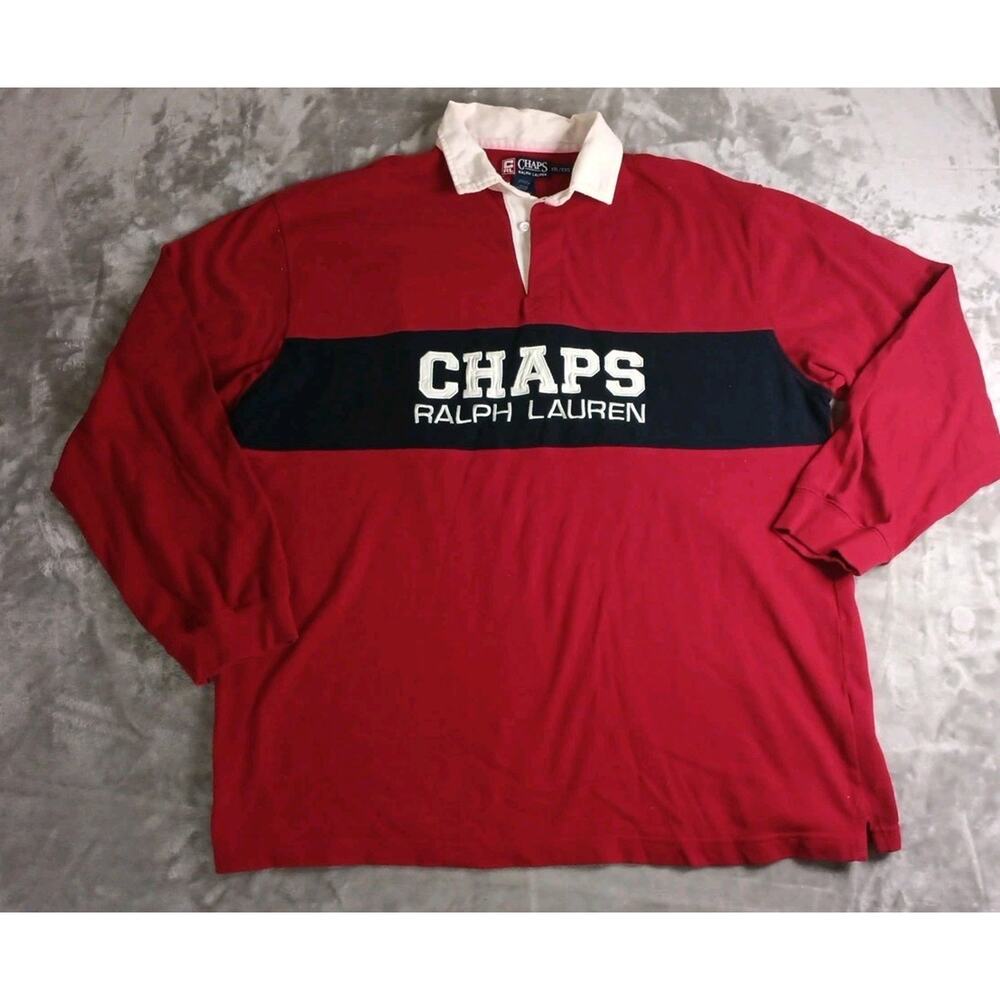 Vintage Chaps Ralph Lauren Rugby Long Sleeve Shirt Mens 2XL XXL Red (Dye Stains)